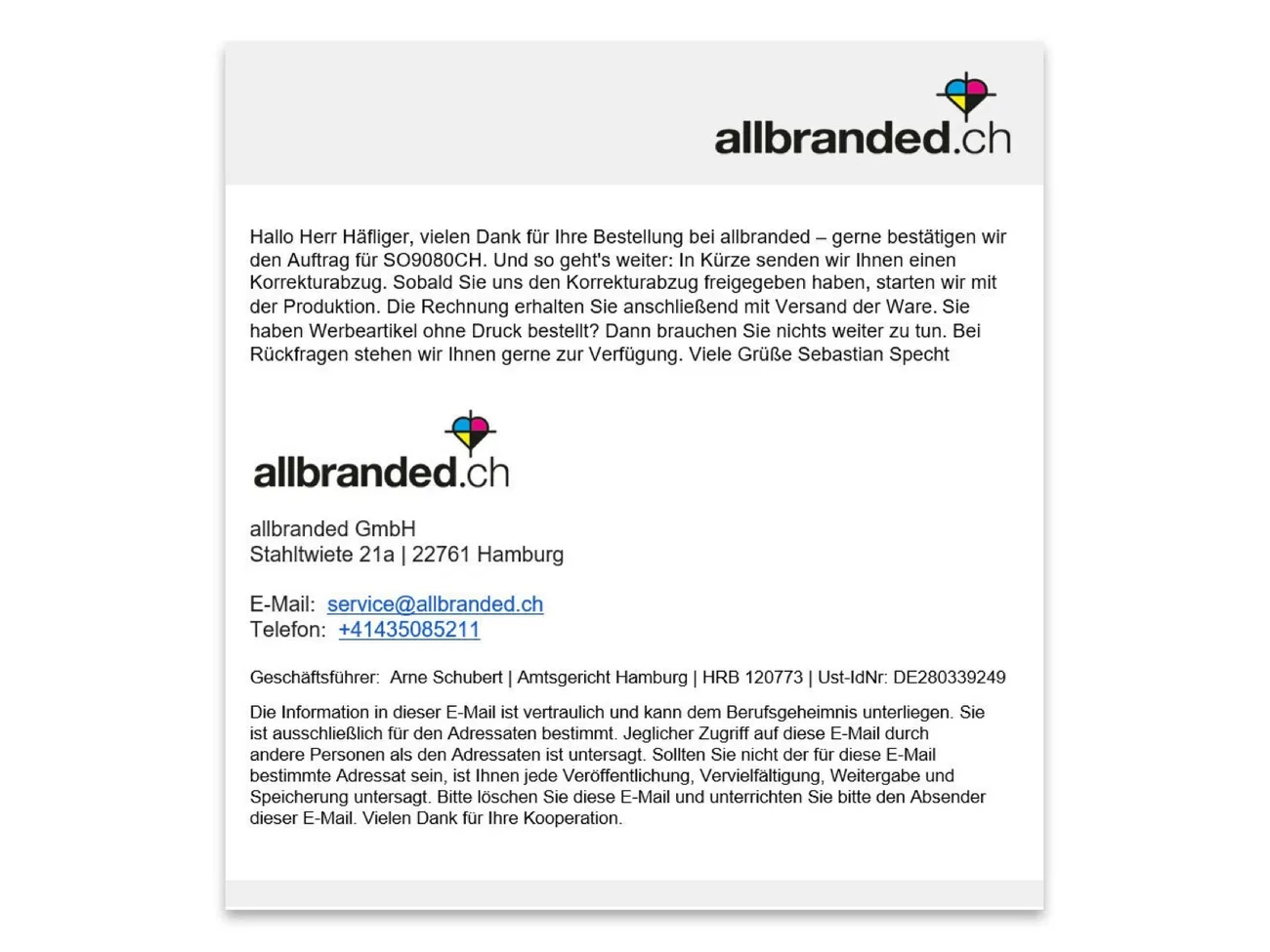 Bestellbestaetigung mail